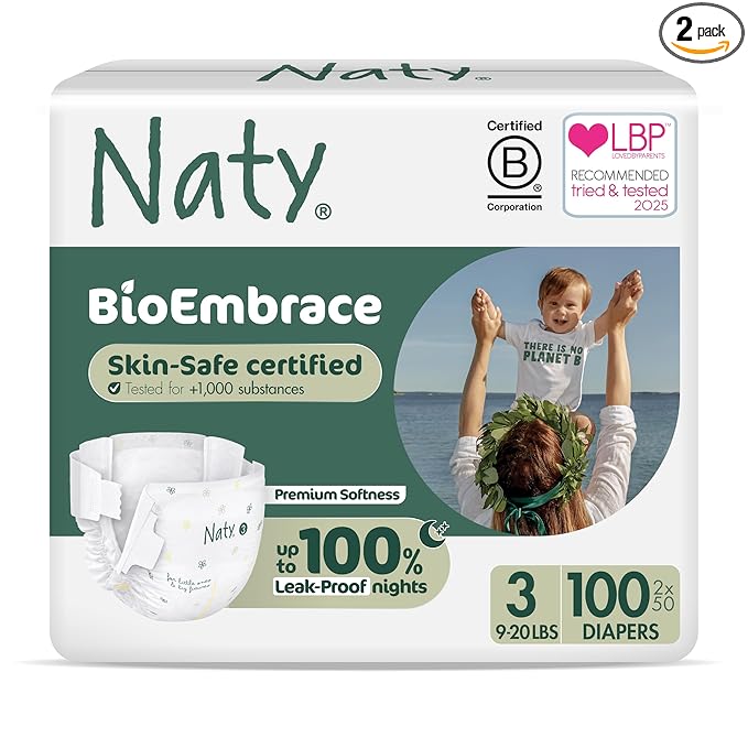 Naty BioEmbrace Baby Diapers | Sensitive Skin Safe Certified | Leak Protection up to 100% | Plant-Based Softness, Premium Comfort | Chlorine-Free | Size 3 (9–20 lbs), 100 Count