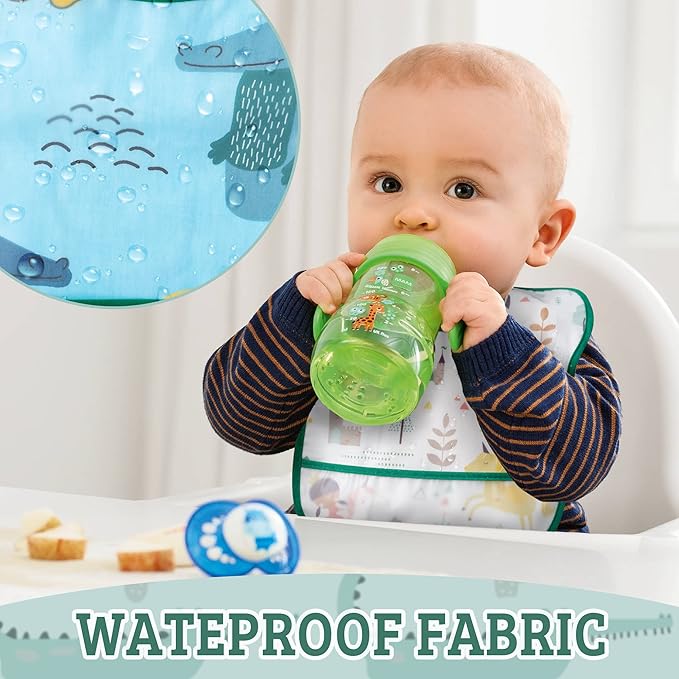 Zainpe 5Pcs Snap Baby Bibs for Boys Girls 6-24 Months Waterproof Stain Resistant Feeding Bib with Food Catcher Pocket