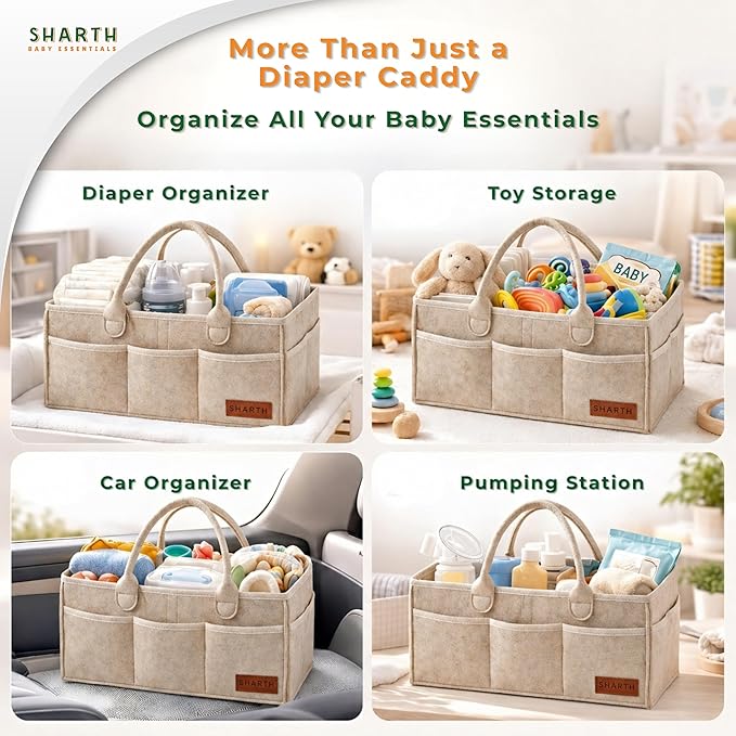 Sharth Baby Diaper Caddy Organizer with Handle, Baby Shower Gifts Basket Bag, Registry Search Must Haves Items, Nursery Storage Organizer for Newborn Girl Boy, Car Diaper Caddy (Beige)