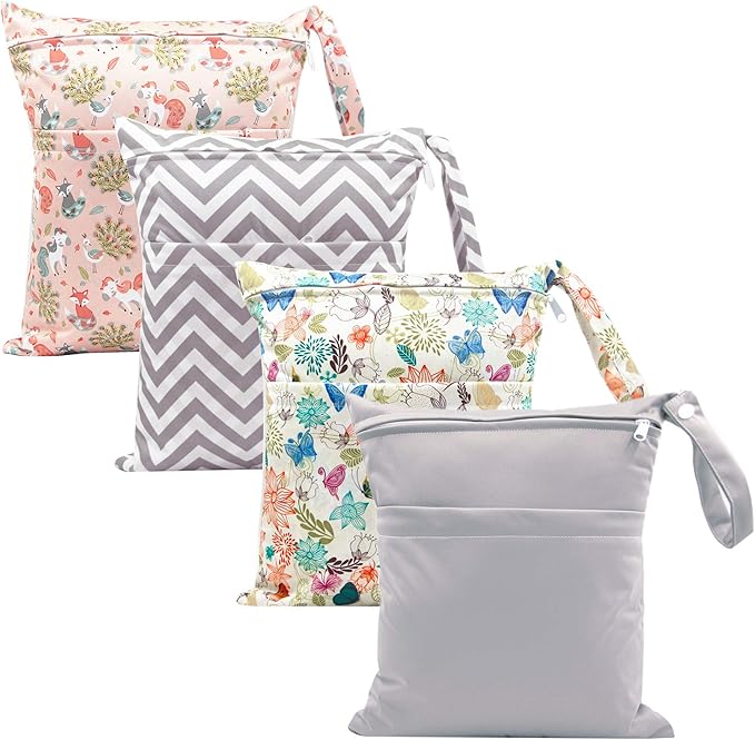 Kingrol 4 Pack Waterproof Wet Dry Bags for Baby Cloth Diaper, Travel Bag with Two Zippered Pockets and Snap Handle for Baby Items Beach Pool Swimsuits Yoga Gym Clothes Toiletries