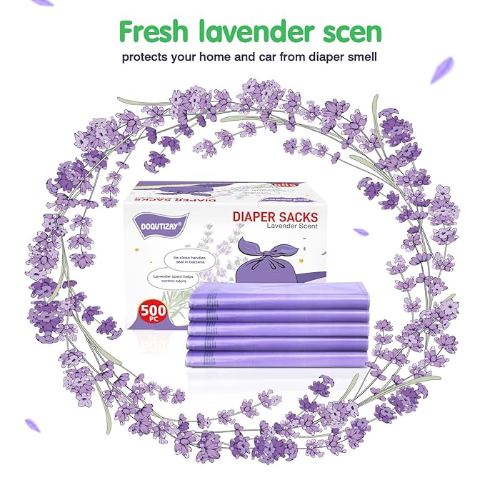 Baby Disposable Diaper Bags Easy-To-Tie Tabs Diaper Sacks with Lavender Scented Diaper Disposal or Pet Waste Bags (500 Count)