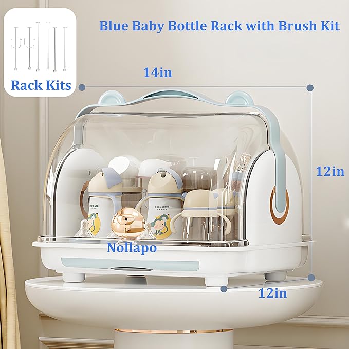 Baby Bottle Drying Rack Storage with 3 Brush, Nursing Bottle Storage Box Organizer with Cover, Portable Kitchen Cabinet Organizer, Durable countertop Dryer (Blue)
