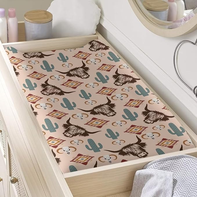 Highland Cow Baby Changing Pad Cover Cactus Diaper Changing Pad Cover 32''*16'' Baby Girl Nursery Decor Brown Soft Breathable Diaper Pad Cover