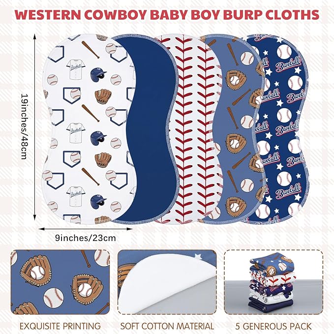 SmoothNovelty 5 Pack Baseball Baby Burp Cloths Soft Absorbent Burping Rags for Newborns 19"x9" Spit up Cloths for Boy Girl Newborn Baby Shower Registry Gifts Set Nursery Decor