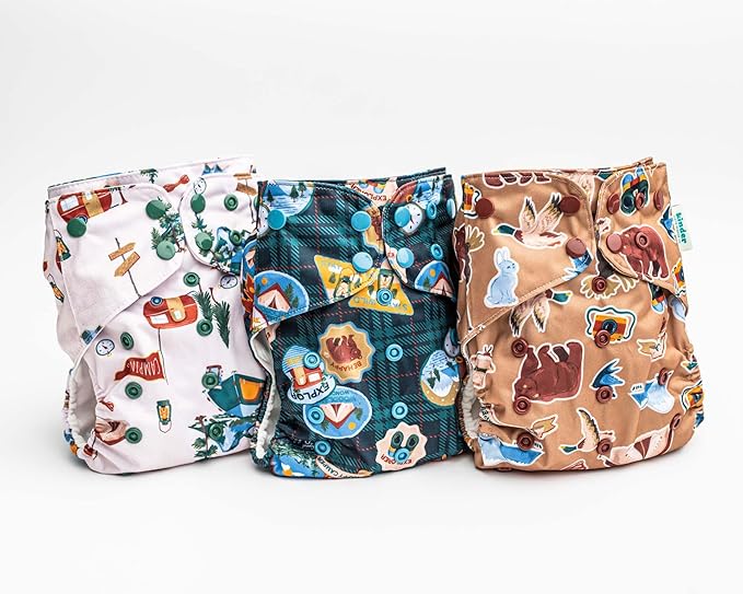 Kinder Cloth Diapers Reusable Baby Diapers Pocket Style Athletic Wicking Jersey, Bamboo Viscose Inserts, Wet Bag, Newborn to Potty Training 7-60lbs, One Size (Big Adventure, 5 Pack, with Inserts)