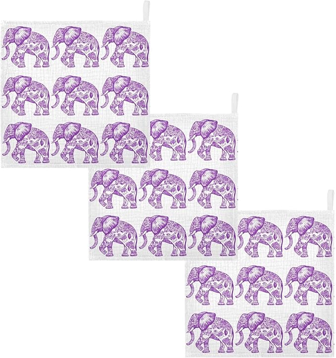 vvfelixl Baby Muslin Washcloths Purple Outline Elephant Baby Burp Cloths Cotton Babys Face Towel for Newborn Infants Boys Girls Soft and Absorbent 11.8 X 11.8 in, 3 Pack