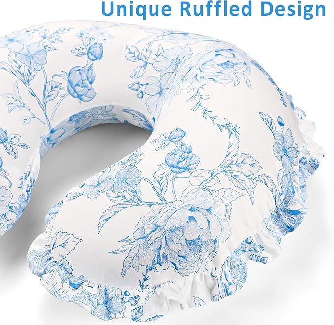 DILIMI Nursing Pillow Cover, Removable Ruffled Pillowcase for Breastfeeding Pillows, Ultra Soft Comfortable Slipcover for Baby Girl and Boy, Blue Floral