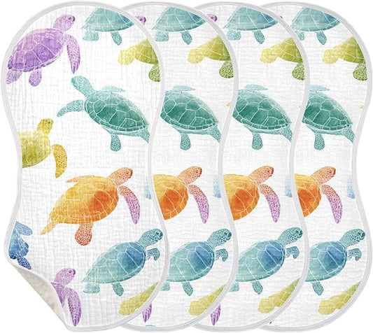 Colorful Sea Turtles Burp Cloths Baby Boys Girls Absorbent Soft Cotton Burping Cloths Rags 4 Pack