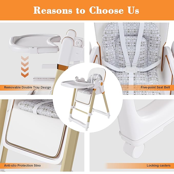 Foldable Baby High Chair with 150° Swing & Recline,Convertible High Chairs for Babies and Toddlers,5 Height Levels,3 Backrest & Footrest Positions,Removable Double Tray,Lockable Wheels (White)