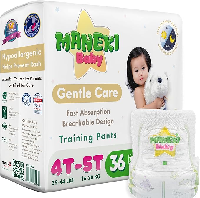 Maneki Baby Hypoallergenic Potty Training Pants 4T–5T, 36 Count (35–44 lbs), Pull-On Diaper Pants & Training Underwear, Soft, Unscented & High Absorbency for Overnight & Daily Use (Pack May Vary)