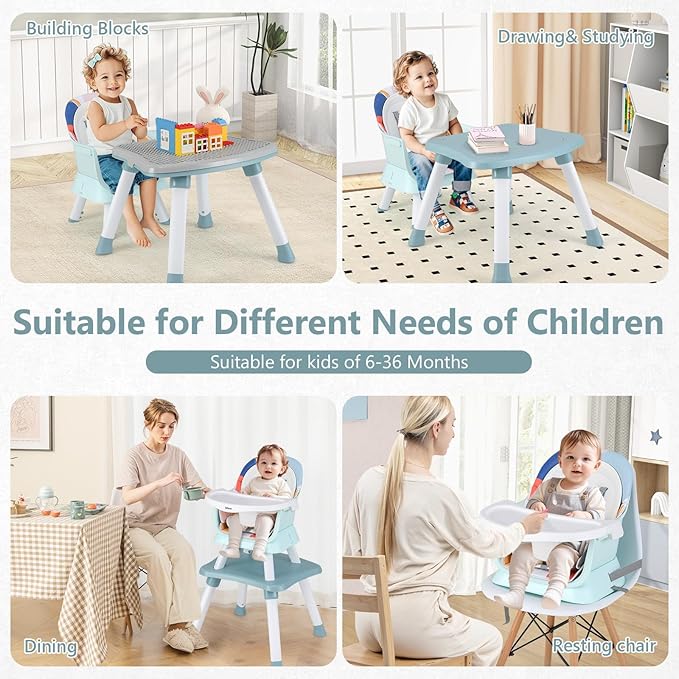 INFANS 8 in 1 Baby High Chair, Convertible Highchair for Babies and Toddlers, Infant Dining Booster Seat, Building Block Table, Kids Stool Table Chair Set with Removable Tray