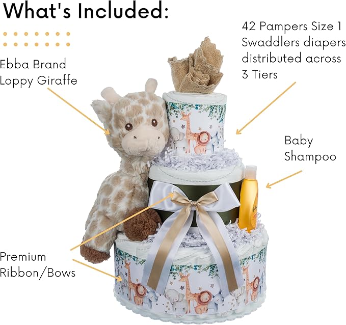 Lil' Baby Cakes Safari Diaper Cake - Beautiful Safari-Themed Baby Gift Using Size 1 Swaddler Diapers - Perfect for Baby Showers with Safari Animal Decorations, Giraffe Diaper Cake - 10 in x 12 in