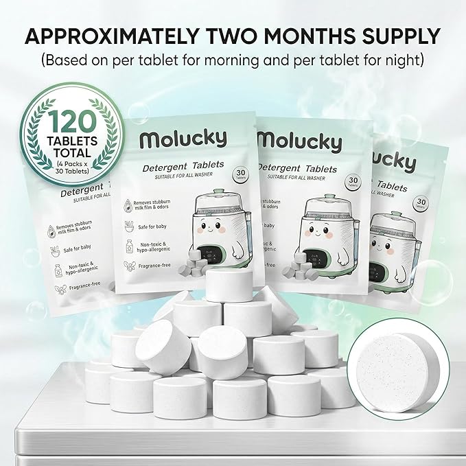 Baby Bottle Washer Detergent Tablets - 120 Count, Natural Enzyme Cleaner for Milk Fat & Odors, Hard Water Non-Residue Formula, Compatible with Momcozy KleanPal Pro, Baby Brezza, and Grownsy Washers