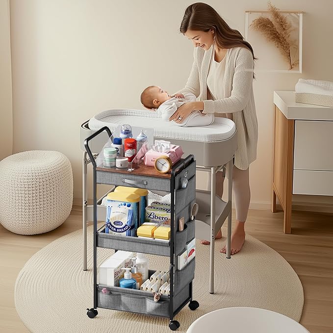 BBLIKE 3-Tier Diaper Caddy Organizer - Rolling Utility Baby Cart with Drawer and Side Pockets for Nursery and Baby Essentials, Multi-Function Cart for Bedroom and Bathroom, Gray