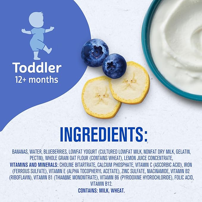 Gerber Toddler Food, Baby Food Pouches for Toddlers, Banana Blueberry, Fruit Puree, Yogurt & Whole Grains, Iron & Choline Helps Support Brain Development, No Artificial Flavors 3.5oz each (Pack of 12)