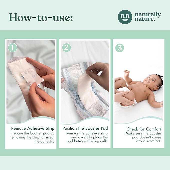 Naturally Nature Overnight Leak-Protection Diaper Booster Pads, for Heavy Wetters, Diaper Liners for Baby Overnight Diapers - Size N-3 Unisex, 96-Pack