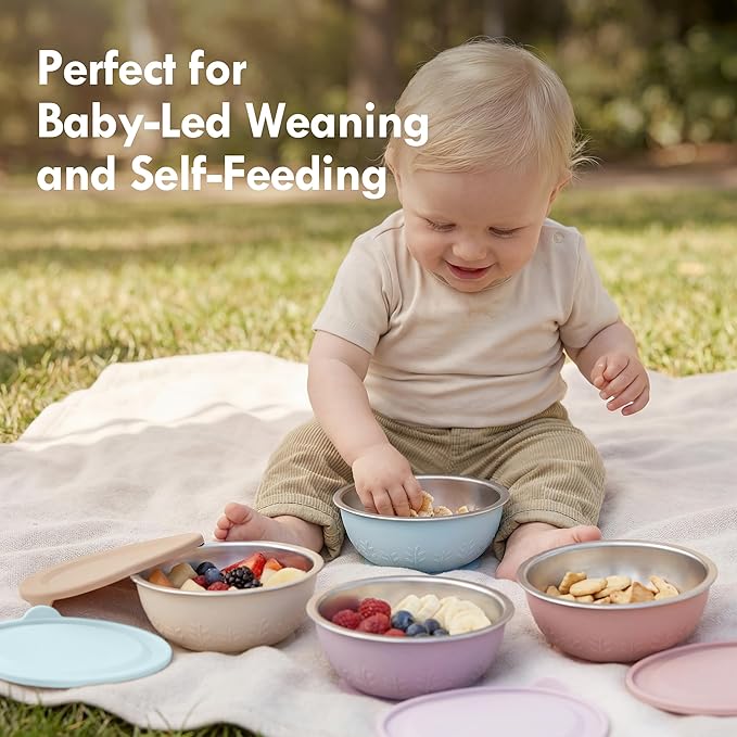 Moonkie Baby Suction Bowls for Self-Feeding: 3 Strong Suction Bases Prevent Spills - Seamless One-Piece Design for Easy Cleanup - Stainless Steel & Silicone Toddler Bowls with Lids - 13 oz 4 Pack