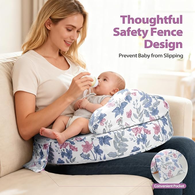 Nursing Pillow - Memory Foam Bottle & Breastfeeding Pillow with Safety Fence - Ergonomic Support, with Wider Breast Feeding Cushion, Adjustable, Removable Cover, Baby Safety Certified Violet