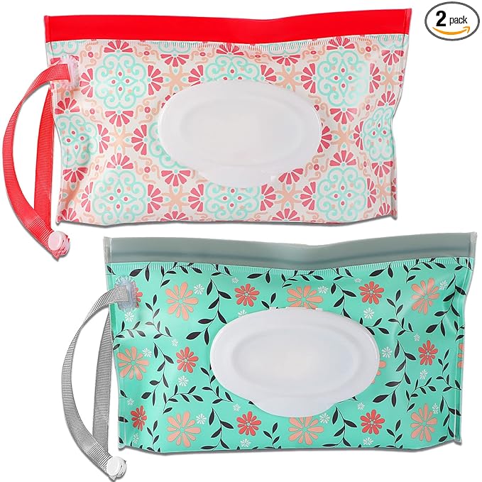 FEBSNOW 2 Pack Baby Wipe Pouch, Portable Wet Wipe Holder Container, Reusable and Refillable Travel Wet Wipes Dispenser Case