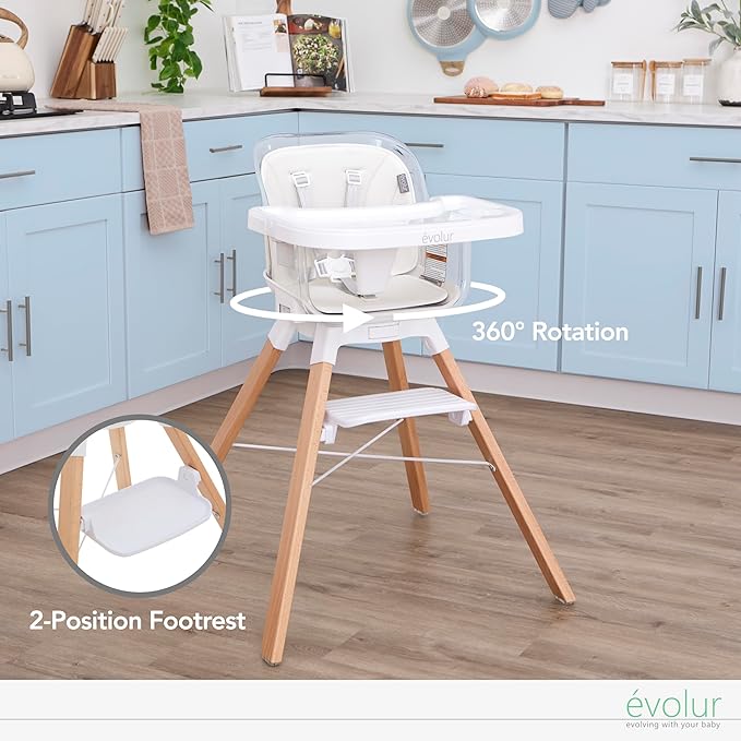 Evolur 360° Bloom Highchair, Rotating, Convertible Baby Feeding Chair with Adjustable Height, Removable Tray, Easy to Clean, Stylish & Space-Saving for Newborns & Toddlers - Panna Cotta