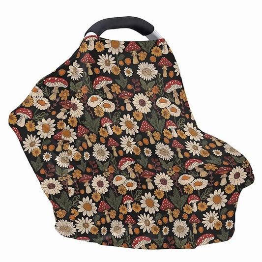 Mushroom Daisy Breathable Nursing Cover Up and Car Seat Cover for Babies Breastfeeding Cover for Baby Boy & Girl Adjustable Stretchy Infant Carseat Canopy Carrier Cover