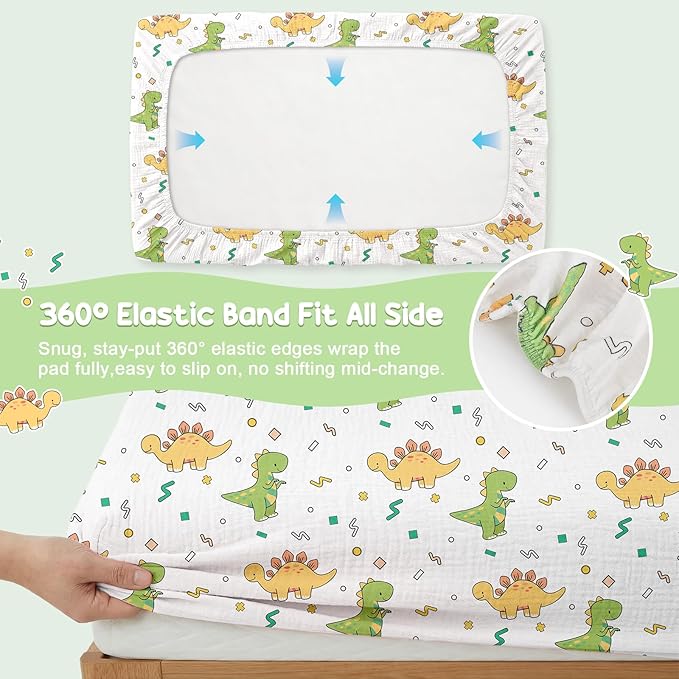 2 Pack Waterproof Muslin Changing Pad Cover with Safety Strap Hole, TPU Leakproof Protection Soft Muslin Baby Changing Table Covers for Boys & Girls, Fits 32" x 16" Changing Pad,Green Dinosaur