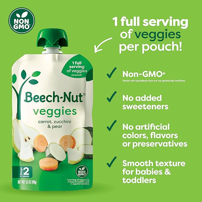 Beech-Nut Baby Food Pouches, Carrot Zucchini & Pear Veggie Puree Baby & Toddler Food, 3.5 oz (12 Pack)