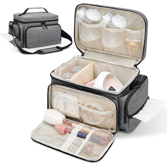 Breast Pump Bag Fit for Spectra S1 and S2, Pumping Bag with Waterproof Mat for Pump Accessories, Portable Pump Carrying Case for Work, Travel and Family Use, Grey