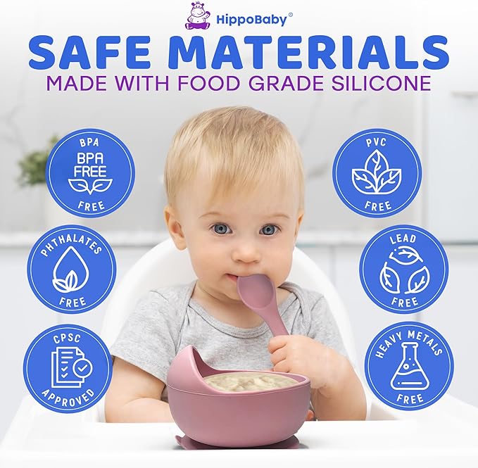 HippoBaby Baby Led Weaning Supplies |10 Piece Silicone Baby Feeding Set, Baby Toddler Bib Cup Divided Plate and Bowl Self Feeding Spoons Dish Set | Baby Utensils,Toddler Feeding Supplies (Rose Quartz)