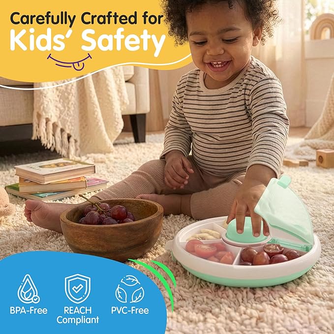TRENDO Snack Spinner for Toddlers – Green Rotating Snack Container, BPA & PVC-Free Baby Snack Box, Spill-Proof Toddler Snack Container with Hand Strap, 5 Compartments Travel Snack Box for Kids