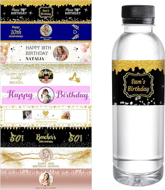 Personalized Water Bottle Labels for Birthday Anniversary Custom Happy Birthday Labels with Name for Water Bottle Stickers Waterproof Printable Photo Bottle Labels Gifts 50 Pcs
