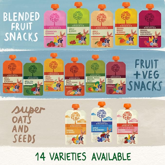 Pumpkin Tree Peter Rabbit Organics, Organic Raspberry, Banana and Blueberry 100% Pure Fruit Snack, 4 oz. Squeeze Pouches (Pack of 10)
