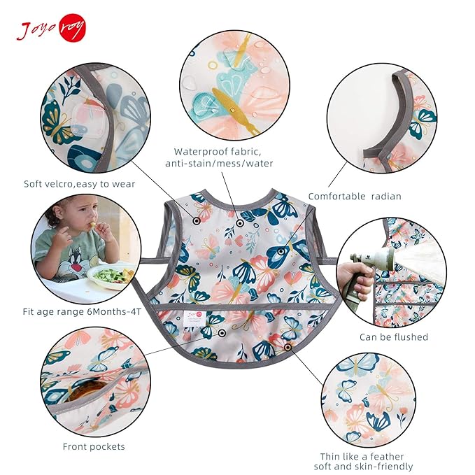 Joyo roy Mess Proof Baby Bibs for Eating Waterproof Toddler Bibs for Baby Girl 3-10 Months Soft Machine Washable Sleeveless Infant Smock Bib Travel Reusable Apron for Feeding Bib with Food Catcher