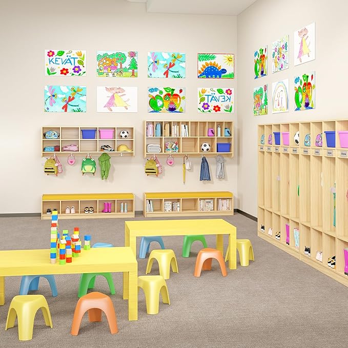 Kikihouse Wall Diaper Organizer for Daycares with Cubby Bench, Wooden Diaper Shelf with 5 Cubbies and 10 Small Storage, Daycare Cubbies for Nursery, Home, School
