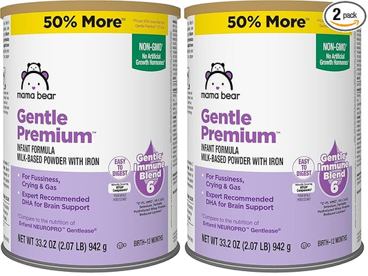 Amazon Brand - Mama Bear Gentle Premium Baby Formula Powder, DHA for Brain Support, Immune Blend 6, 2'FL HMO, For Fusiness, Crying & Gas, 33.2 Ounce (Pack of 2)