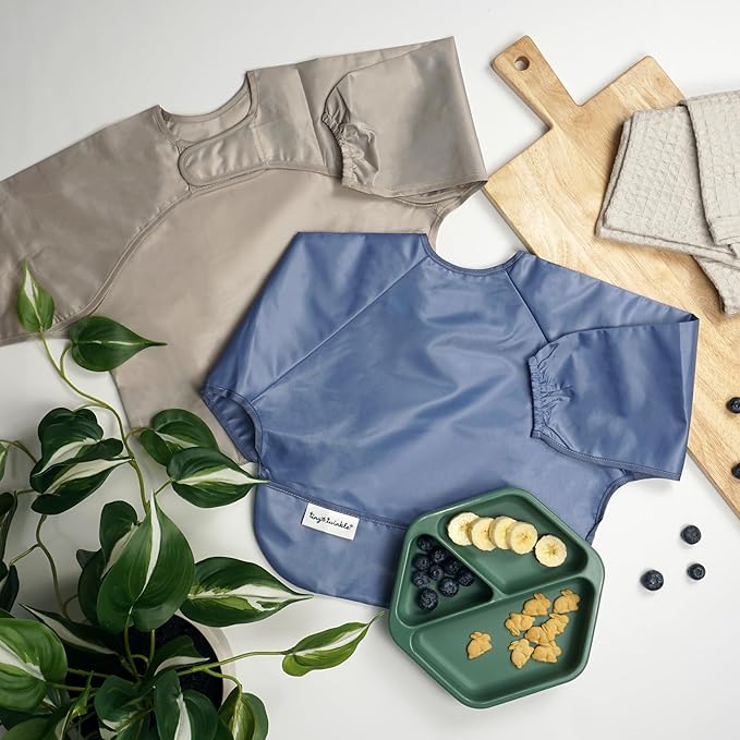 Tiny Twinkle Long Sleeve Bib for Babies & Toddlers | 2-Pack Waterproof Smock Bib for Eating | Machine Washable & Mess-Proof Feeding Essentials | Newborn Shower Gift (Periwinkle Putty,2-4Y)