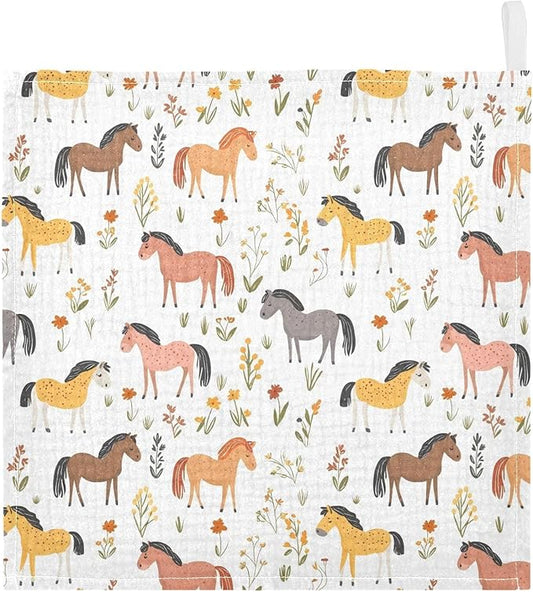 vvfelixl Cartoon Horses Graze Baby Burp Cloths Baby Muslin Washcloths for Boys Girls Cotton Babys Face Towel for Newborn Infants Soft and Absorbent 11.8 X 11.8 in, 5 Pack