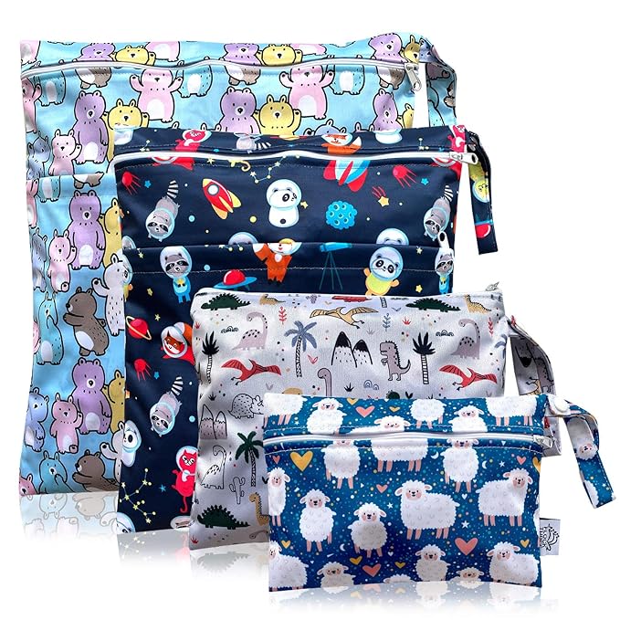 FLOCK THREE 4pcs Waterproof Wet Bag Reusable for Wet Clothes Baby Diapers Stroller Swimsuit Travel Reusable toiletries Pouch Small and Larger Electronics case 4 Pack (Blue Sky)