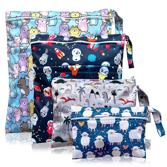 FLOCK THREE 4pcs Waterproof Wet Bag Reusable for Wet Clothes Baby Diapers Stroller Swimsuit Travel Reusable toiletries Pouch Small and Larger Electronics case 4 Pack (Blue Sky)