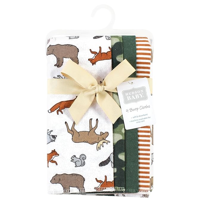 Hudson Baby Unisex Baby Cotton Flannel Burp Cloths, Animal Adventure 4 Pack, One Size