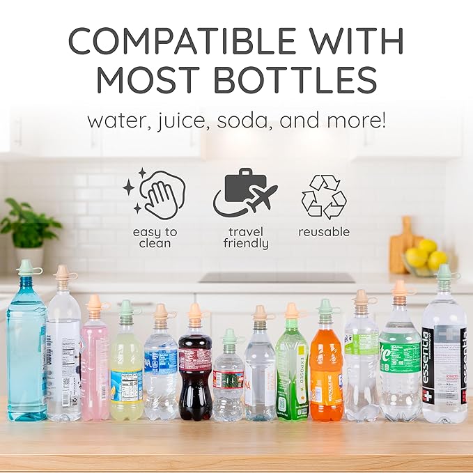 Kiddikap Original Water Bottle Topper for Toddlers – 100% Silicone Sippy Top Spout with Protective Cap makes the Bottle Top a Spill Proof Lid for Kids and Adults - 2 Pack - Pastel