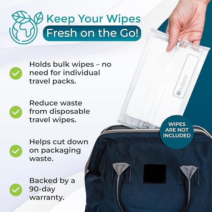 Butipods Reusable Travel Wipes Case - Portable Moisture-Retaining Pouch, Slim Holder and Convenient Container for Diaper Bag, Dispenser for Hand, Face, Makeup Removal, and Wet Wipes - Set of 2 (Clear)