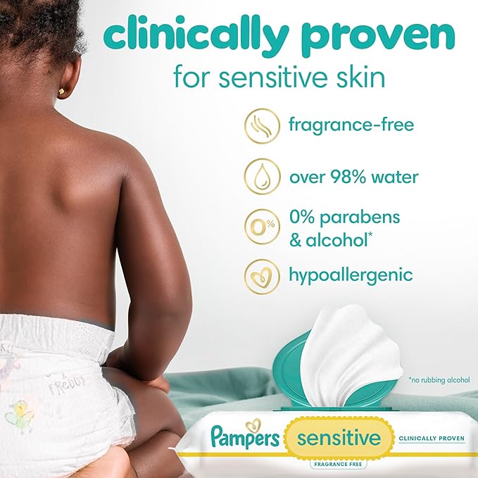 Pampers Sensitive Baby Wipes, Water Based, Clinically Proven, Hypoallergenic, and Unscented for Babies, 588 Wipes Total (7 Refill Packs) [Packaging May Vary]