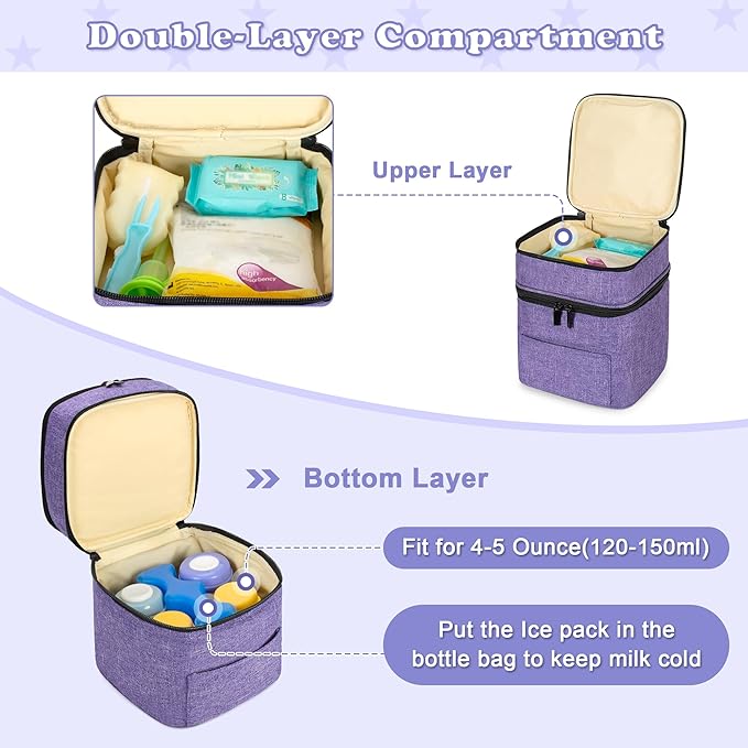 Teamoy Double Layer Breastmilk Cooler Bag, Fit for 4 Baby Bottles Up to 5 Ounce Bottle Bag, Breastmilk Cooler Tote Bag for Nursing Mom, Purple(Bag Only)