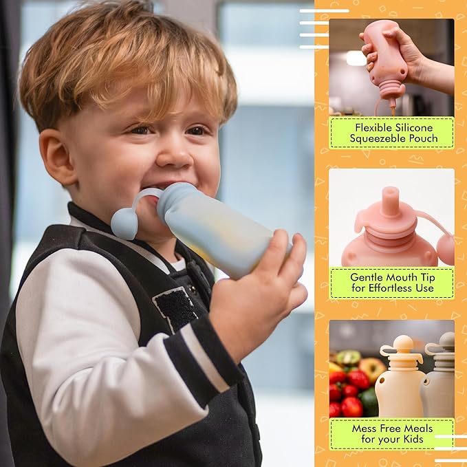 Reusable Pouches for Toddlers Silicone Refillable Baby Food Feeder with Funnel, Food Storage for Kids Squeezable Pouch, Washable & Freezer - Perfect for Fruit, Yogurt and Smoothies, 5oz, 4 Pack