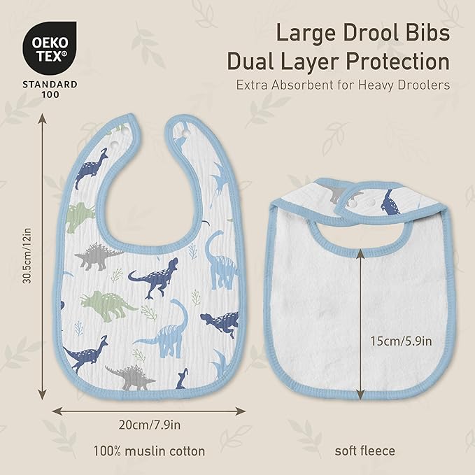 GLLQUEN BABY Muslin Drool Bibs for Boys Girls 6 Pack, Adjustable Baby Bibs for Drooling and Teething, Soft Cotton Baby Bandana Bib for Newborn Feeding Essentials (My Dino Pals)