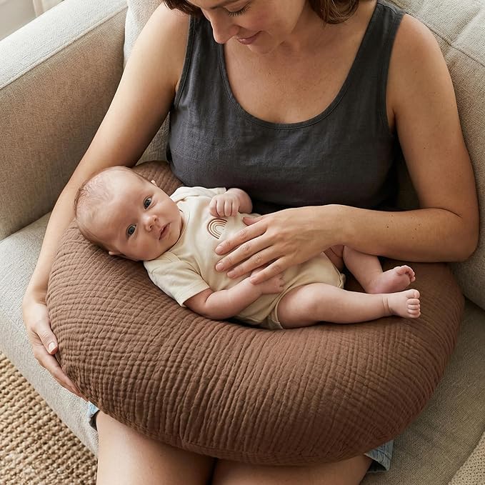 Pro Goleem Muslin Nursing Pillow Cover, 100% Cotton Soft Breathable Feeding Pillow Slipcover for Breastfeeding Moms, Fits Standard Infant Nursing Pillow, for Boys and Girls, 2 Pack (Brown＆Beige)