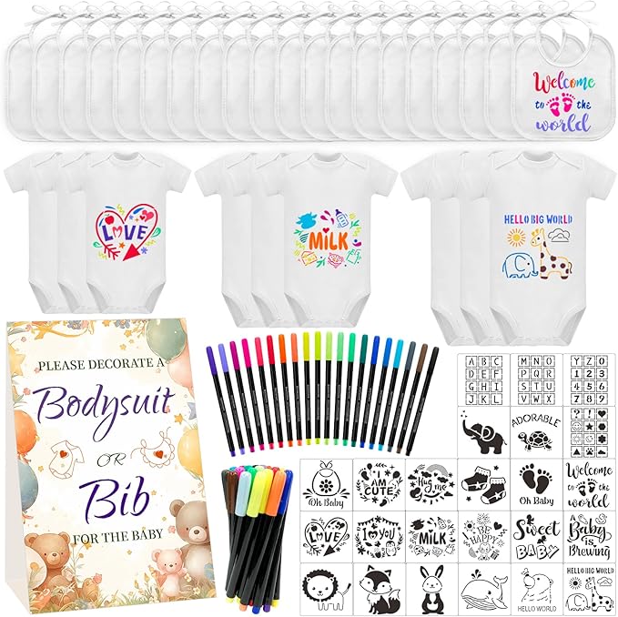 Bibs Bodysuits Baby Shower Game Sign Set Newborn Onesies Feeder Gift Fabric Marker Stencils Kit
