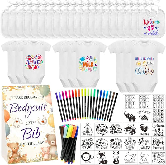 Bibs Bodysuits Baby Shower Game Sign Set Newborn Onesies Feeder Gift Fabric Marker Stencils Kit