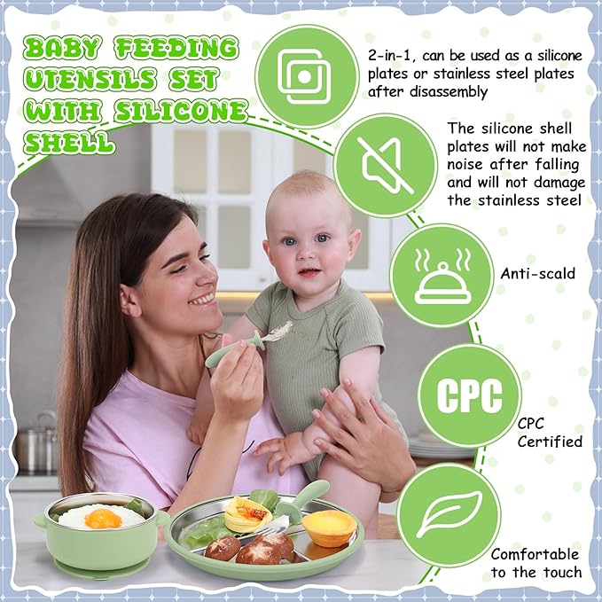 Nuogo 8 Pcs Stainless Steel Kids Plates and Bowls Set with Suction Stainless Steel Baby Plate, Toddler Bowls, Forks, Spoons with Removable Silicone Suction Silicone Baby Feeding Set, Dishwasher Safe